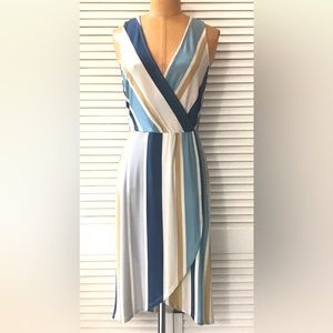 MTS Dress Womens Small Blue Tan Ivory Striped Sleeveless V-neck Faux Wrap Party